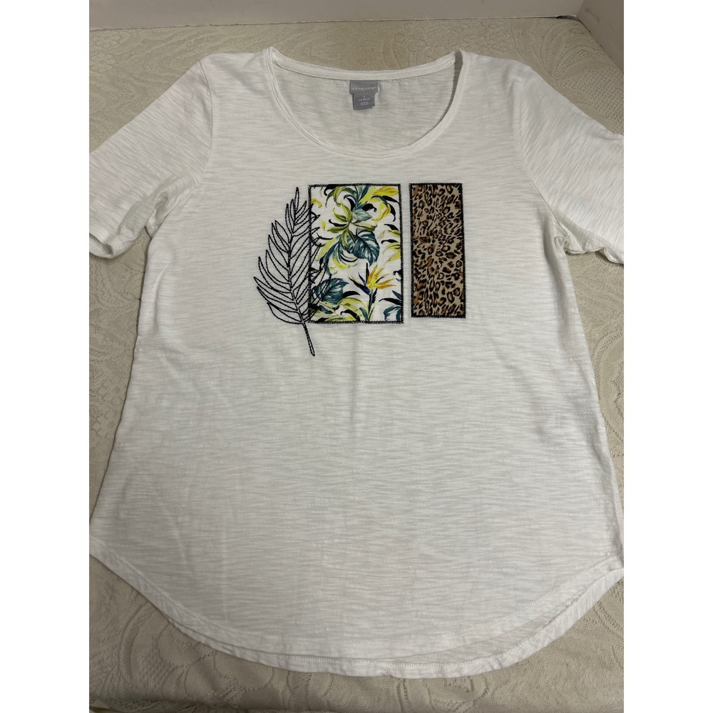 Chicos White Tropical Print Short‎ Sleeve T-Shirt Womens Size M